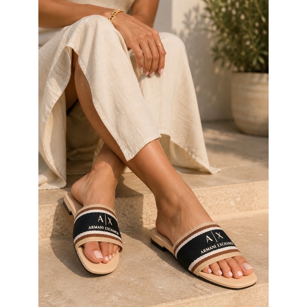 Armani Exchange Womens‎ Logo Stripe Slide Sandals Beige Black Tan XDP045 US 8M